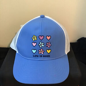 Life is Good Kids Blue White Trucker Hat Flowers Hearts Graphic‎ Adjustable